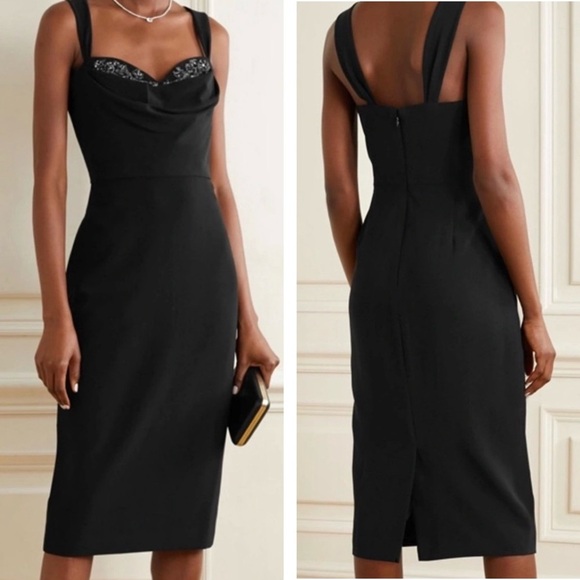 Marchesa Notte Crystal Embellished Cowl Neck Crepe Sheath Cocktail Midi Dress - Picture 4 of 15